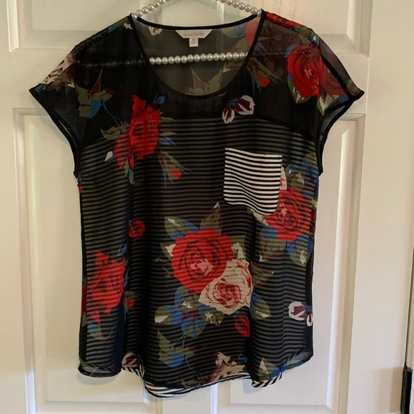 Charming Charlie Tops - Charming Charlie Sheer Rose Floral Stripe Short Sleeve Blouse Size M